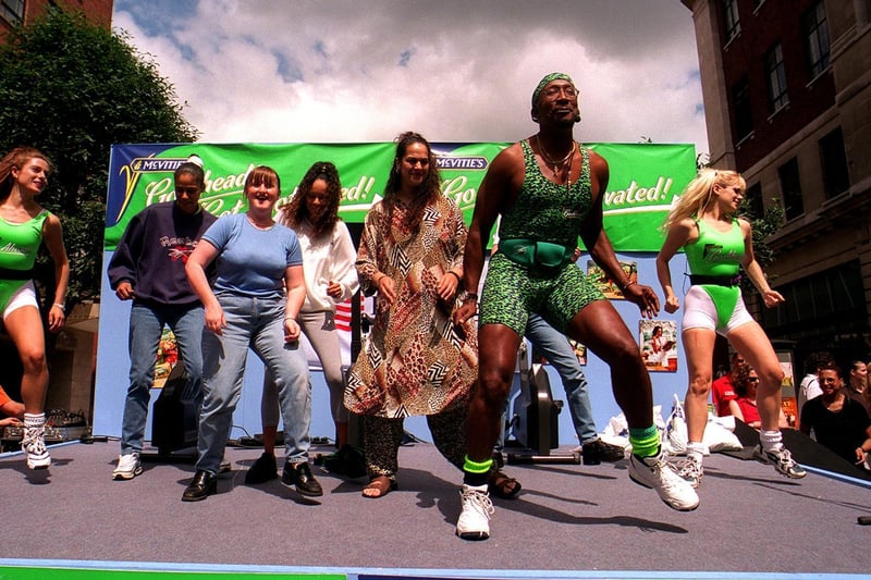 Mr Motivator gets the public on their feet during his visit to Dortmund Square in July 1997.