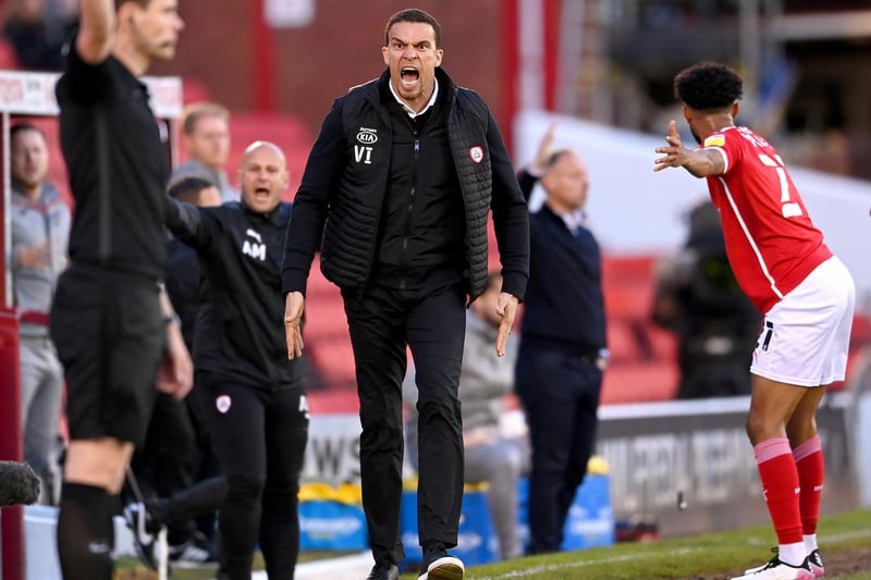 Valerien Ismael, Manager of Barnsley FC reacts during the Sky Bet Championship Play-off Semi Final 1st Leg match between Barnsley and Swansea City at Oakwell Stadium on May 17, 2021 in Barnsley, England.