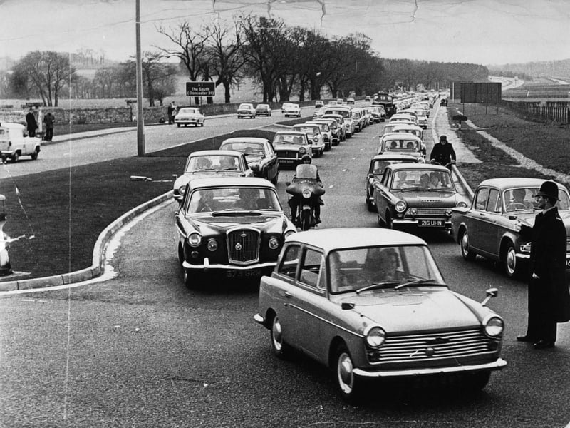 A queue on the A1 south of Wetherby at the junction with the Leeds road in April 1966 which carried a line of cars right back to Collingham.