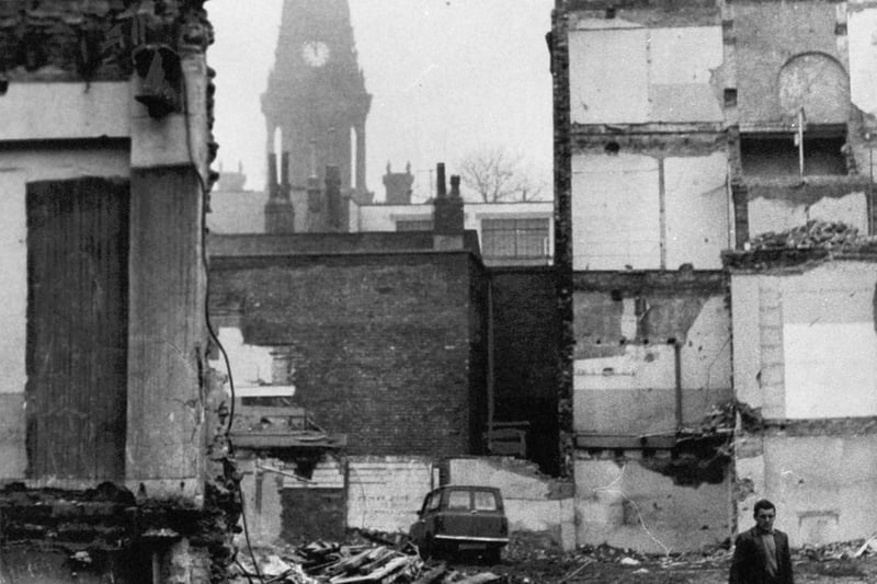 Down comes another Leeds building in March 1966. This time at the corner of St. Paul's Street and East Parade. In the background is Leeds Town Hall.