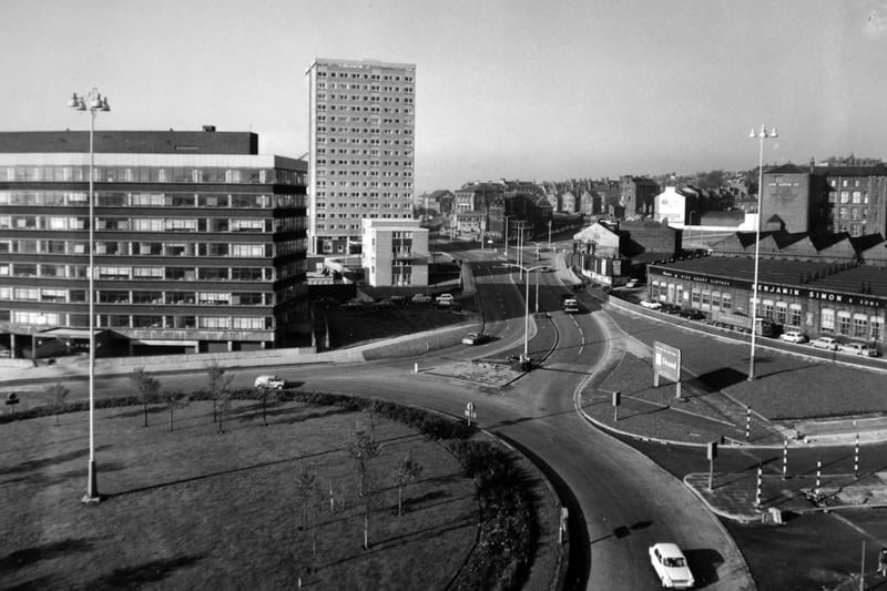 Westgate roundabout and junction of new Inner Ring Road on right from police headquarters in November 1966.