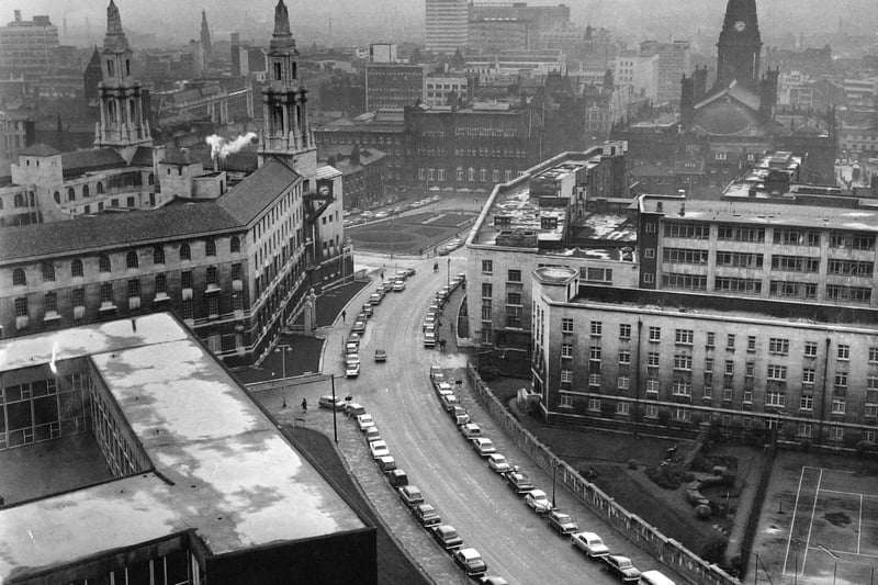 Leeds Civic Hall. This photo was taken from the top of the new multi-storey block at Leeds Central Colleges in November 1966.