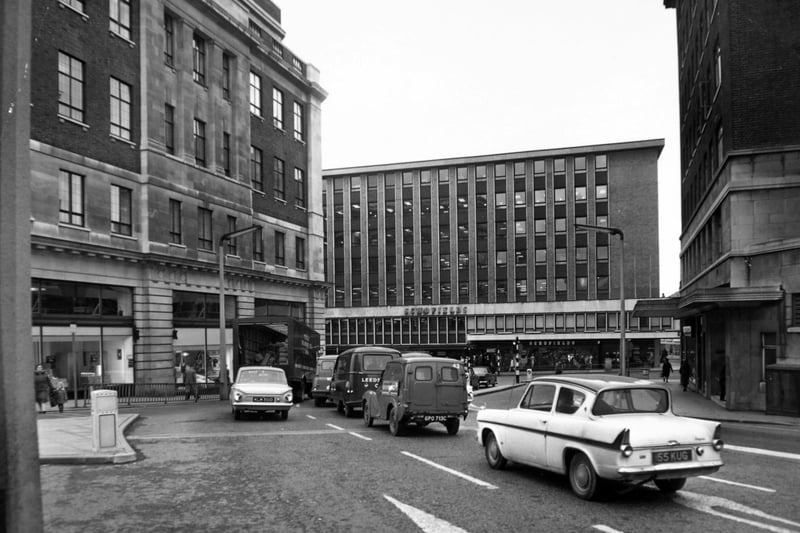 Woodhouse Lane and the junction with The Headrow in November 1966.