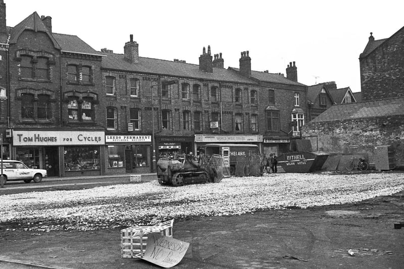 Ground is prepared for the building of Whelan's supermarket, Mesnes Street, in Wigan town centre in 1974