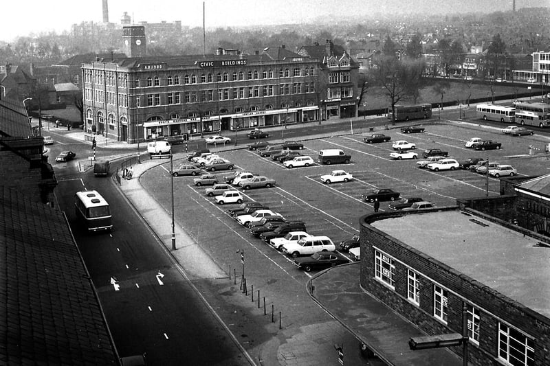A view from Market Street  of the Civic Buildings, formerly Rushton warehouse and British Gas Showrooms,  opposite  the market square in 1974