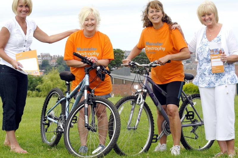 Cyclists take part in a sponsored bike ride to raise funds for muscular dystrophy.