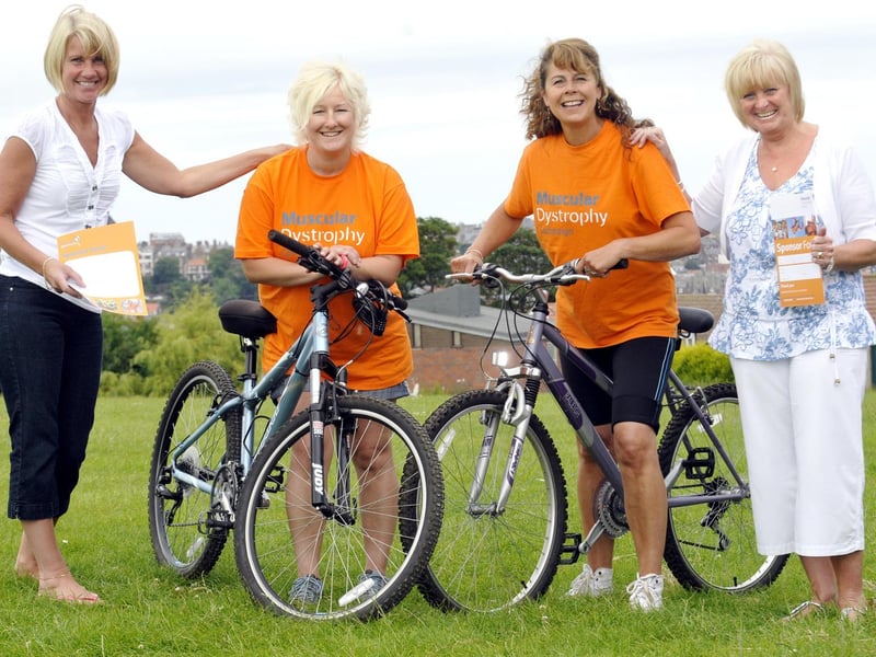 Cyclists take part in a sponsored bike ride to raise funds for muscular dystrophy.