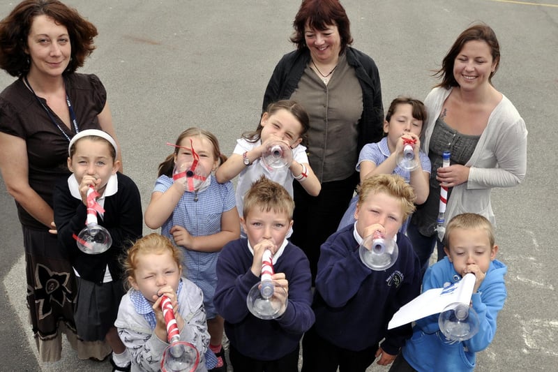 Year 2 pupils at West Cliff Primary School with their World Cup vuvuzela horns.