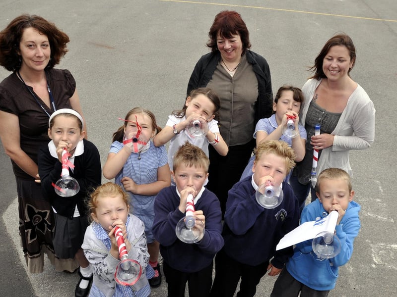 Year 2 pupils at West Cliff Primary School with their World Cup vuvuzela horns.