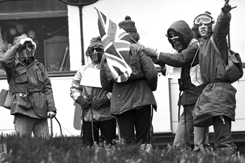 Wigan technical college students dress as 'Scot of the Antarctic' and tour the town centre collecting funds for local charities as part their annual college Rag Week in 1974