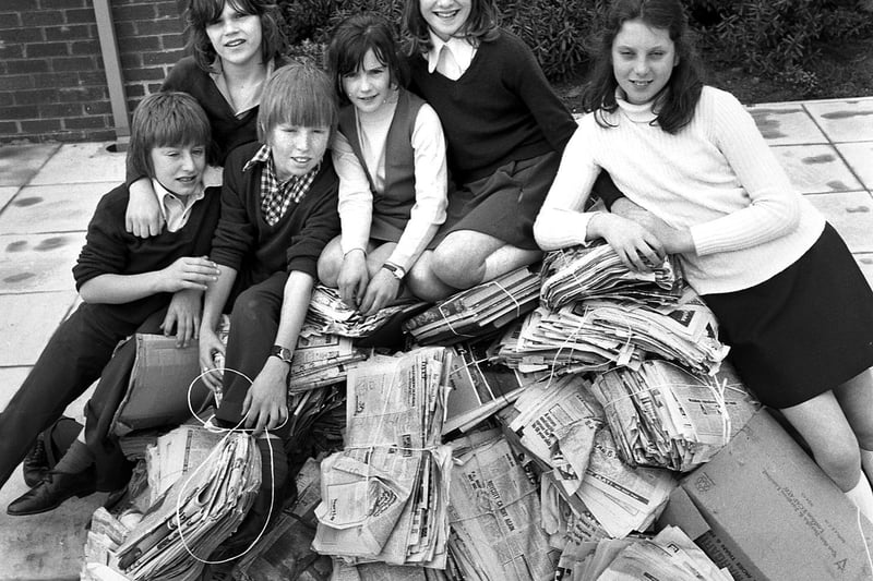 Pupils at Marus Bridge Junior School collect newspapers to recycle for charity in 1974