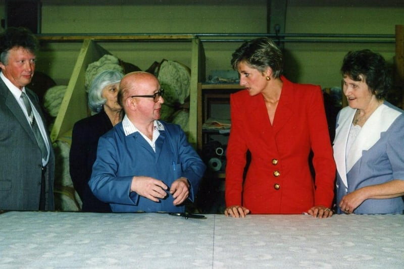 Princess Diana at the Industrial Centre for the Blind and Disabled People on Clifton Road , Marton Blackpool .
Bedmaker Martin Penfold explains the process to Princess Diana