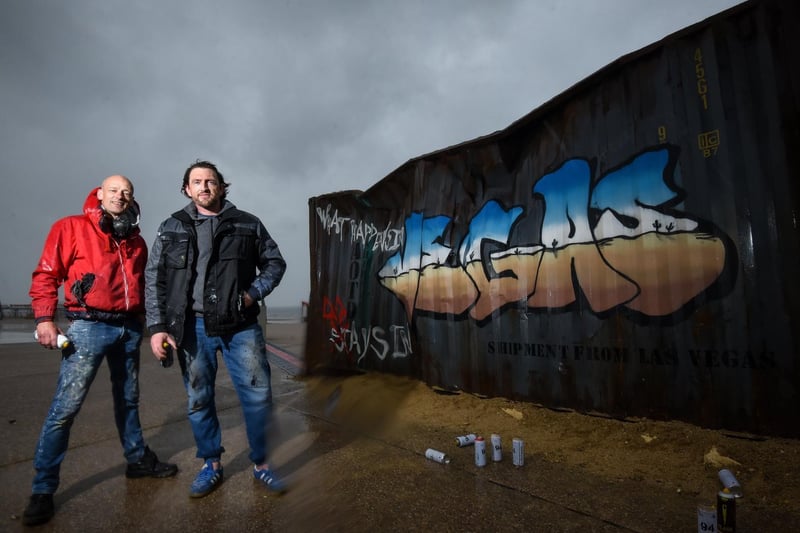 The Blackpool graffiti artists battled against a deluge of rain to complete the works with Christian saying 'paint was running down the sides.'