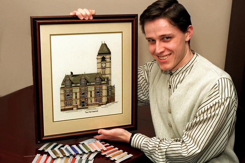 Self taught cross stitch artist Jonathan Black with his picture of Wakefield Town Hall which was to be presented to the Mayor of Wakefield.