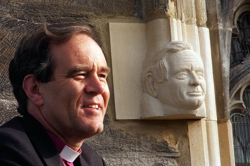 The Bishop of Wakefield, The Rt. Revd. Nigel McCulloch, in a composite picture with his likeness in stone in the south end exterior of the Chantry Chapel.