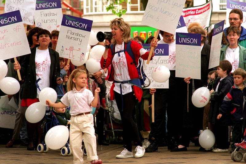 Campaign co-ordinator Catharyn Lawrence (centre) and daughter Gabrielle  demonstrate with some of the other campaigners at the 'Say No to Nursery Vouchers' march at Wakefield in September 1996.