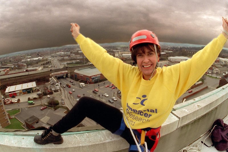 This is breast cancer survivor Adele Schofield who helped to launch an abseiling event down Crown House in Kirkgate in March 1996.