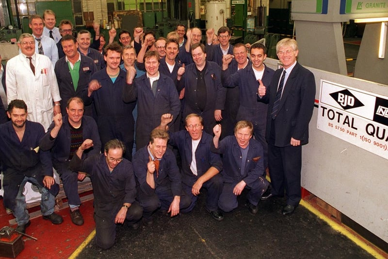 Octoebr 1996 and workers at British Jeffrey Diamond celebrate the saving of their jobs at their factory in Wakefield.