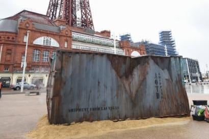 The art installation was tagged with slogans from Army of the Dead, which follows a group of mercenaries fighting to take back Las Vegas from a hoard of ravenous zombies.