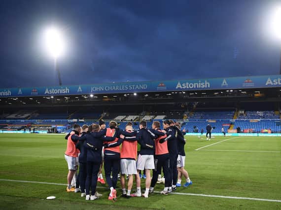 Leeds United huddle at Elland Road ahead of kick-off. Pic: Getty