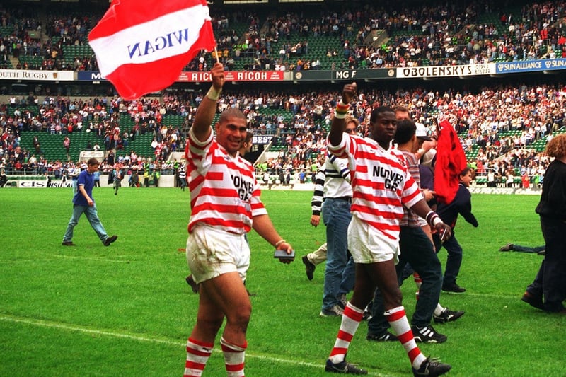 Wigan showing the flag for Wigan  at Twickenham - Twigamala and Martin Offiah after the final whistle.