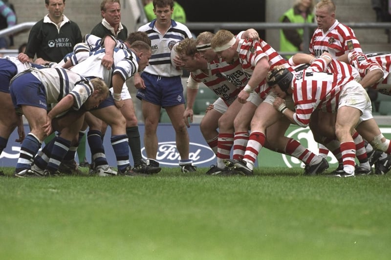 The Wigan and Bath packs scrum down during the Rugby Union leg of the clash of the codes. Photo: Mike Hewitt/Allsport