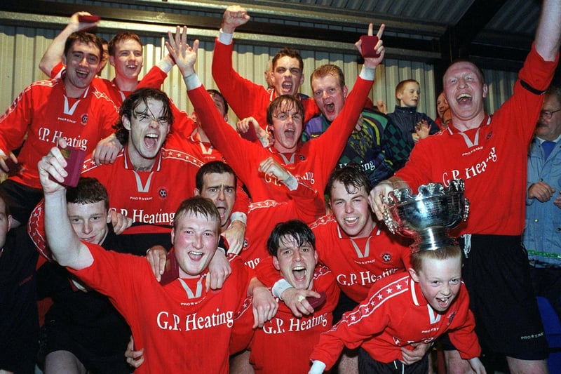 Garforth Town celebrate winning the West Riding County Cup in April 1998. They beat Liversedge in the final at Fleet Lane, Woodlesford.