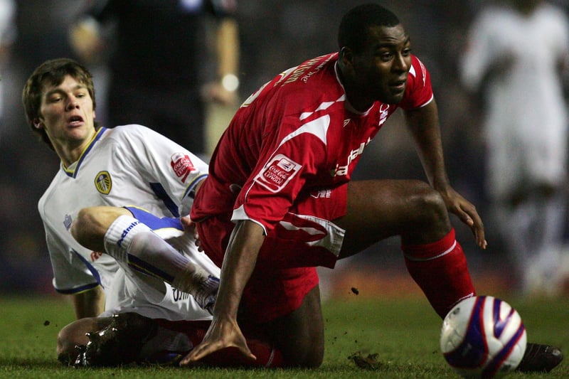 Jonny Howson tangles with Nottingham Forest's Wes Morgan during the Championship clash at Elland Road in February 2008.