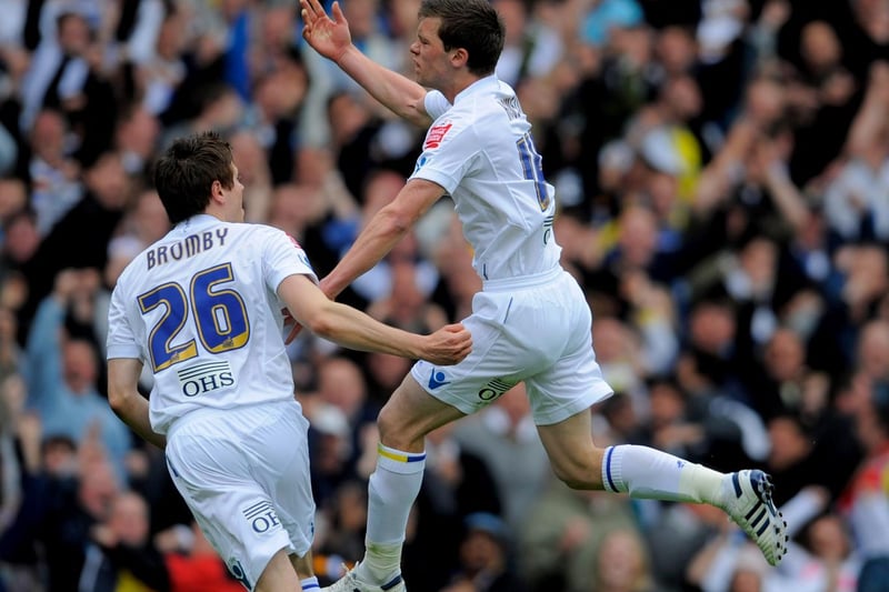 Jonny Howson celebrates with Leigh Bromby after equalising during the League One clash against  Bristol Rovers at Elland Road in May 2010.