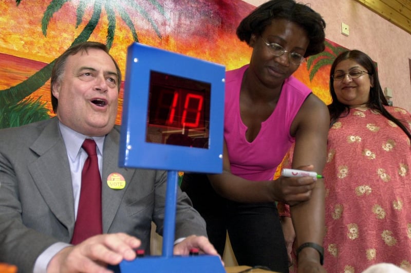 Deputy Prime Minister John Prescott takes over as caller in a round of bingo and comes up with number 10 during a visit to The Frederick Hurdle Day Centre in  Chapeltown.