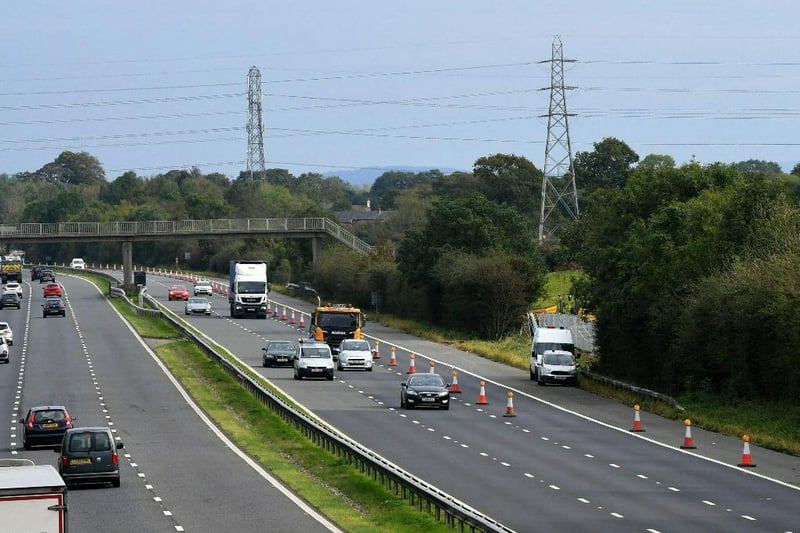 Narrow lanes and a 50mph speed limit are in place along a short stretch of the motorway where a new junction (junction 2) is being constructed as part of Lancashire County Council’s Preston Western Distributor road project. More information is available here: https://www.lancashire.gov.uk/council/strategies-policies-plans/roads-parking-and-travel/major-transport-schemes/preston-western-distributor/