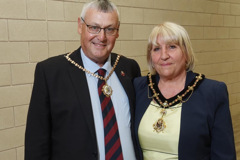 The new deputy mayor Coun Marie Morgan with consort husband Coun Clive Morgan, left, at  Mayor Making ceremony at The Edge, Wigan.