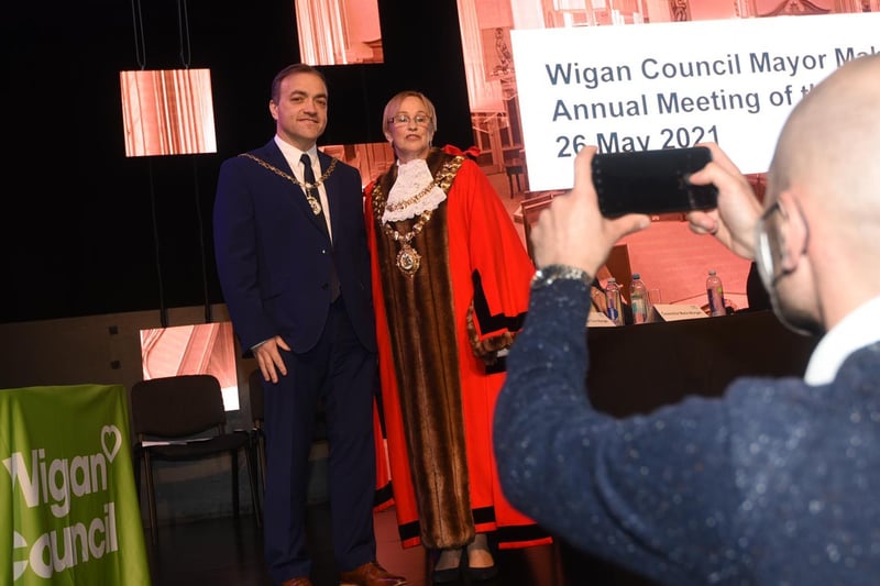 The new Mayor of Wigan Coun Yvonne Klieve, pictured with consort husband Mark Klieve on stage at the Mayor Making ceremony 2021, at The Edge, Wigan.