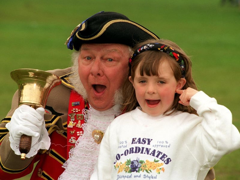 Leeds Town Crier Stanley Haigh with Charlotte Roberts in May 1996.