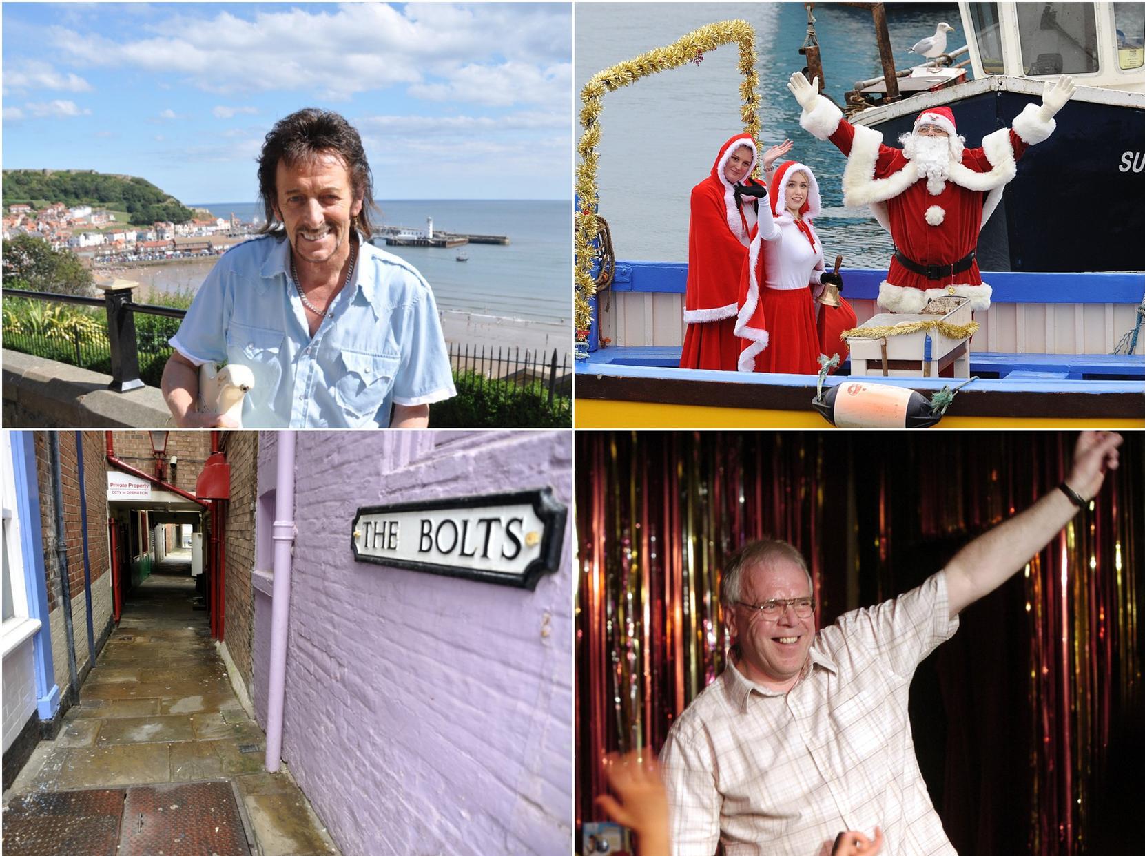 Clockwise from top left: Danny Wilde, Santa arriving in the harbour, Dave Marshall and The Bolts.