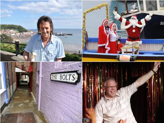 Clockwise from top left: Danny Wilde, Santa arriving in the harbour, Dave Marshall and The Bolts.