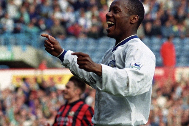 Rod Wallace celebrates scoring. He bagged eight goals in all competitions for Leeds United in the 1992.93 season.