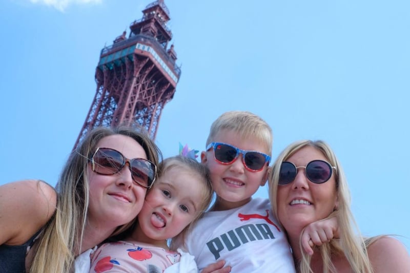 Left to right: Sarah Sullivan, Nova Sullivan, Noah Riley and Amy Heap in front of Blackpool Tower