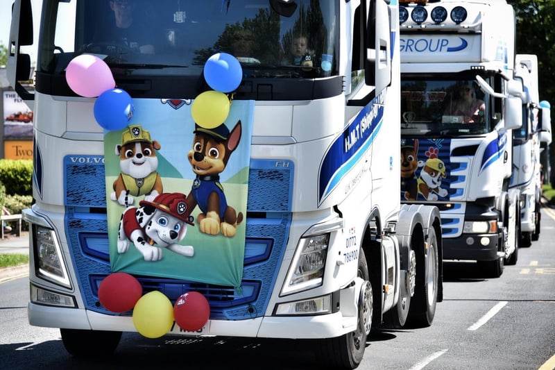 HGV cabs decorated with George Hinds' favourite Paw Patrol characters took part in the convoy. George's Prom Convoy for George Hinds, the little boy who died in the Heysham gas explosion sets off from Morecambe FC. Picture by Julian Brown 30/05/21