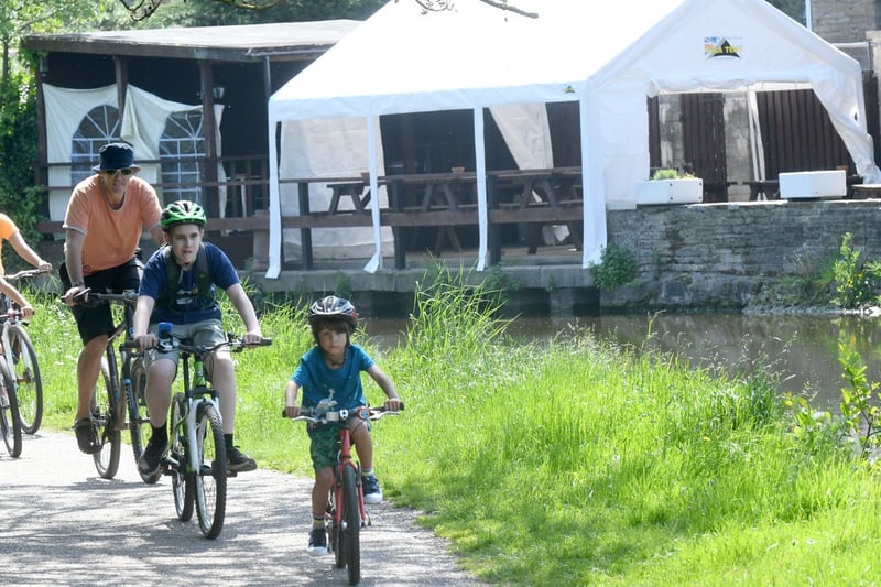 Families took to their bikes to travel down the canal this morning