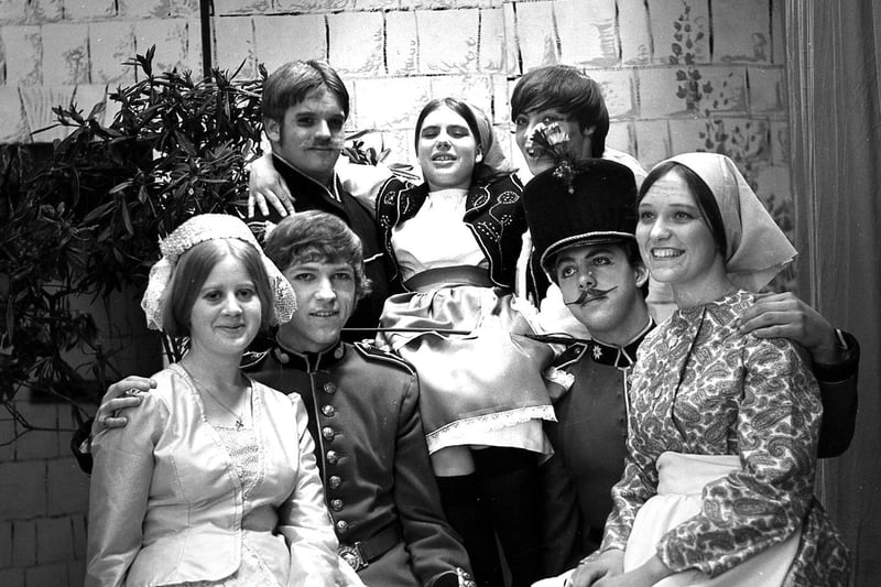 Drama pupils at Ashton Grammar School rehearse for the play 'Arms and the Man' in 1970