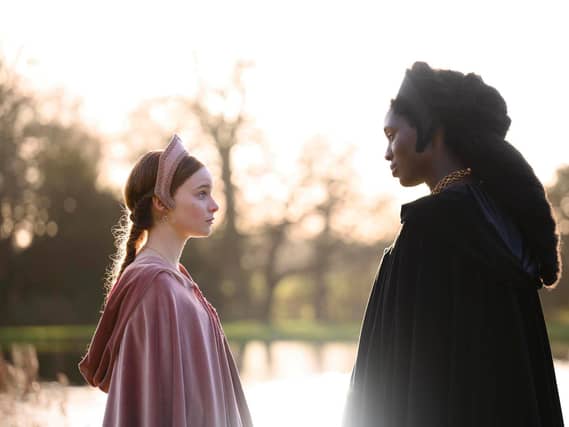 This scene, with Anne Boleyn (Jodie Turner-Smith) and Jane Seymour (Lola Petticrew) was filmed at Castle Howard. Credit Fable / The Falen Falcon
