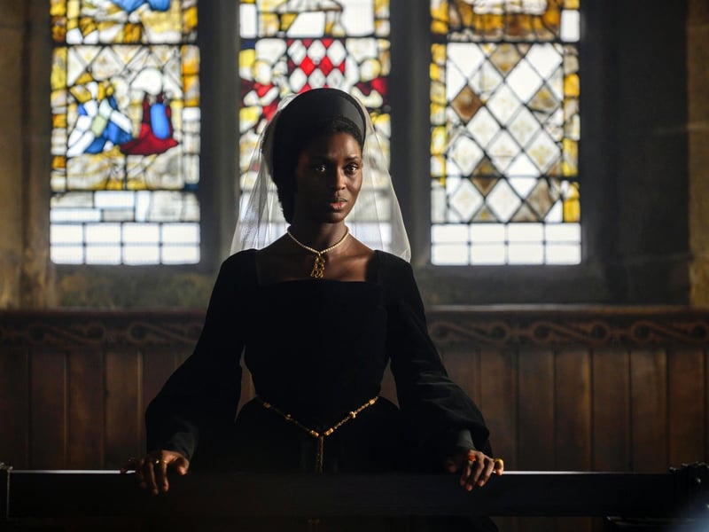 Anne Boleyn (Jodie Turner-Smith) at St Michael's Church, Emley, which was used for the trial scenes.