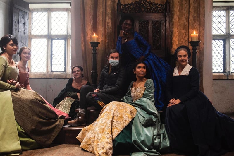 Director Lynsey Miller in the mask with some of the Anne Boleyn cast at Bolton Castle.