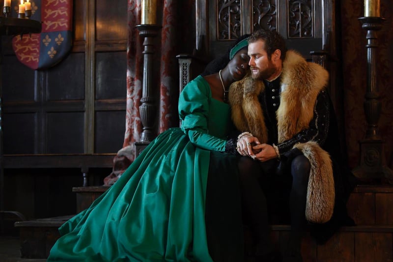 Anne Boleyn (Jodie Turner-Smith) and Henry VIII (Leeds actor Mark Stanley) at Bolton Castle, which was dressed for the part.