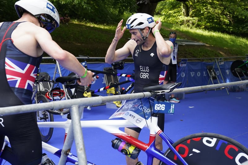 Dave Ellis in the cycling transition zone during the AJ Bell 2021 World Triathlon Para Series race in Roundhay Park, Leeds. (photo: PA Wire/ Danny Lawson)