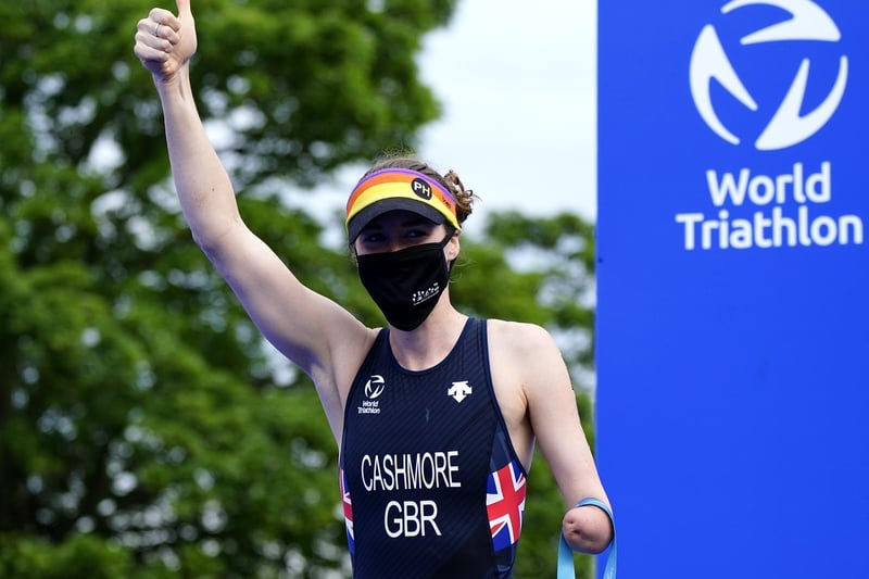 Claire Cashmore celebrates winning silver in the PTS5 Women's event during the AJ Bell 2021 World Triathlon Para Series race in Roundhay Park, Leeds. (photo: PA Wire/ Danny Lawson)