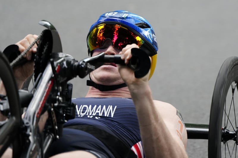 Joshua Landmann during the cycling stages of the AJ Bell 2021 World Triathlon Para Series race in Roundhay Park, Leeds. (photo: PA Wire/ Danny Lawson)