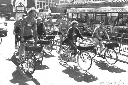 Royal Mail staff on a charity bike ride leaving depot on Horsefair in 1995. Photograph courtesy of the Pontefract and Castleford Express
