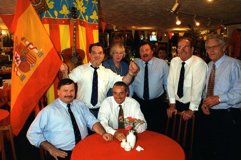La Comida restaurant in Leeds City centre was hoping for a Spanish victory against France. Pictured with his customers is owner Vincente Rodriguez holding the Spanish flag.